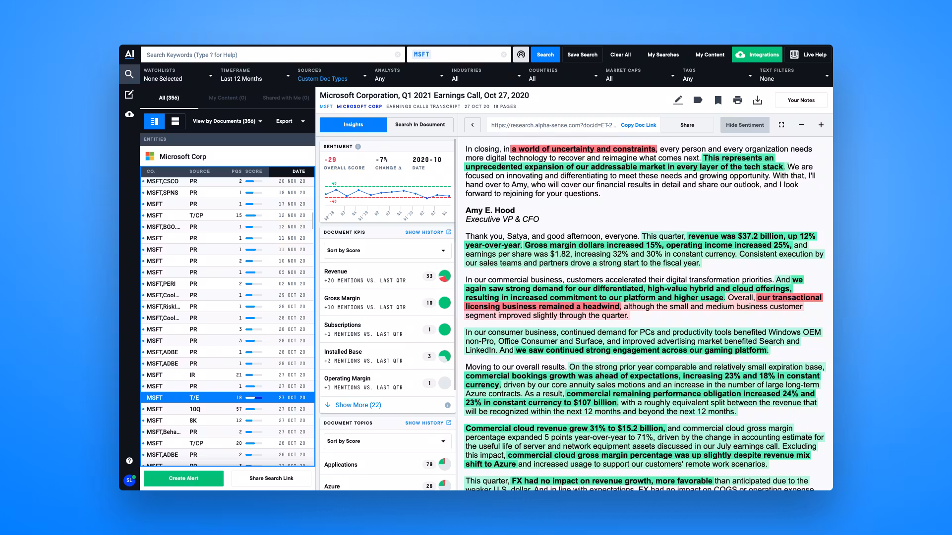 AlphaSense document analysis interface showing earnings call transcript with keyword highlights