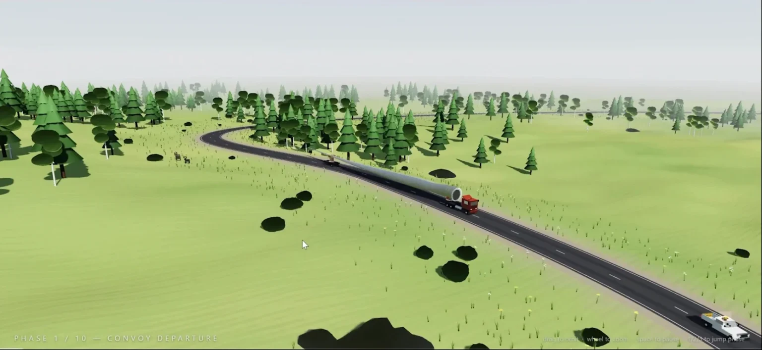 Gemini 3.6 Flash generated 3D wind turbine installation animation — complete engineering demo with road transport and crane lifting