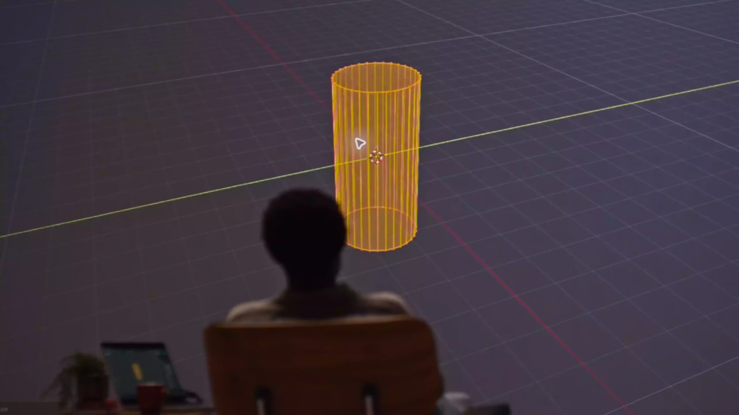 GPT-6 Astra 3D modeling demo: a wireframe model in a 3D viewport as the operator watches AI build it