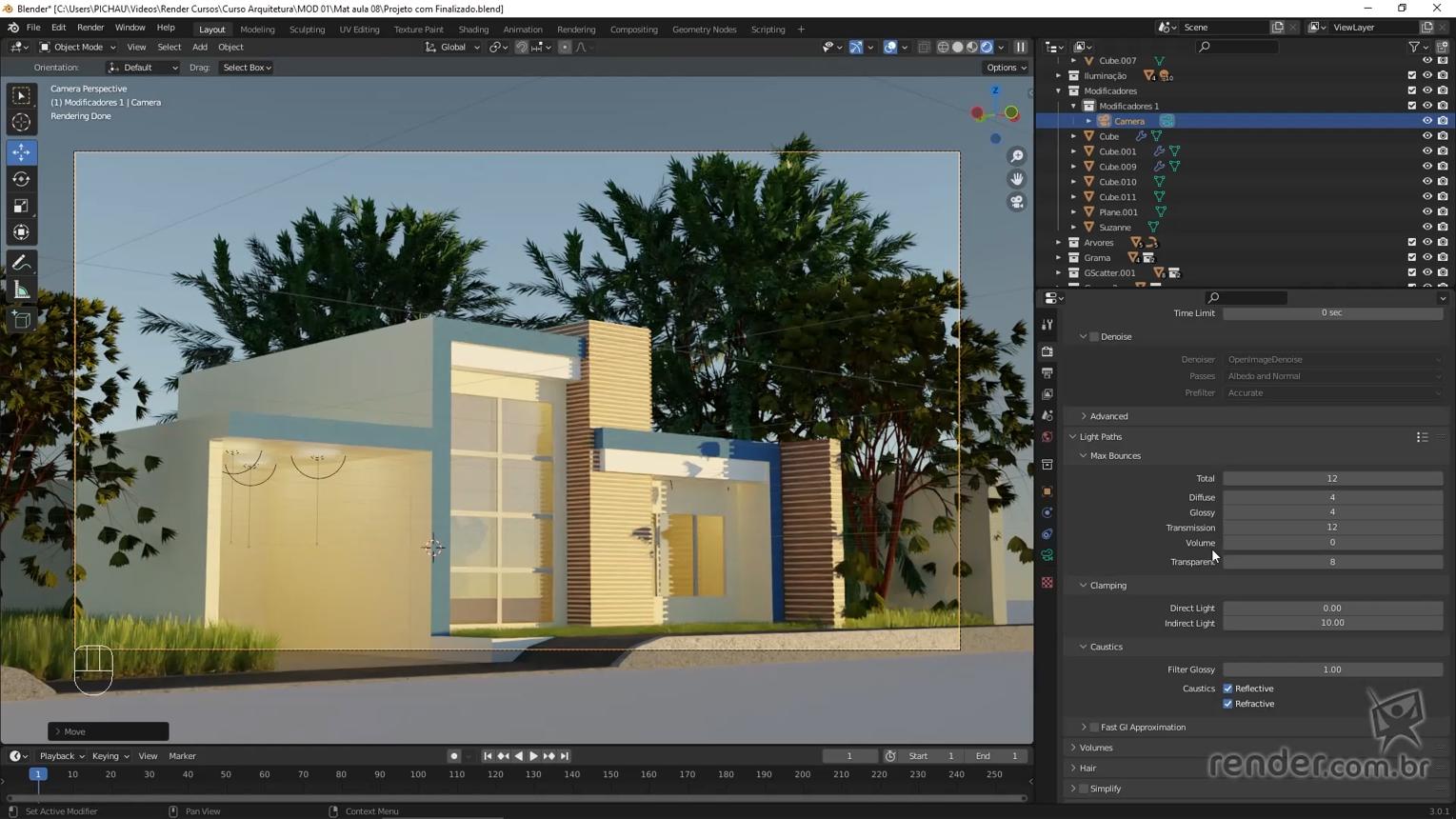 GPT-6 Astra operating the Blender interface: a house model in the viewport and a full object hierarchy on the right
