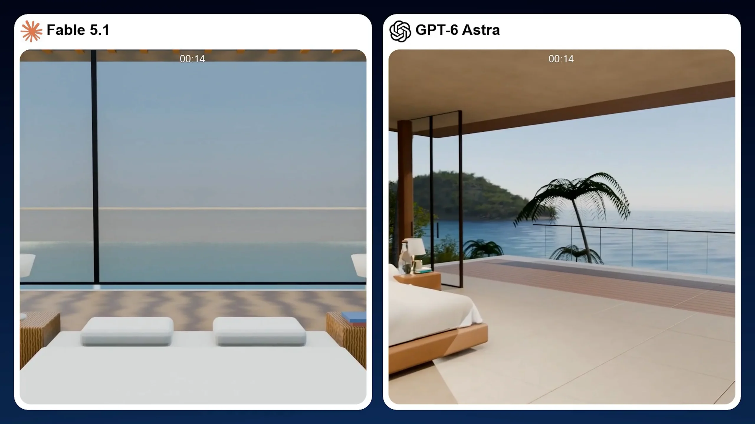 Same prompt comparison between Fable 5.1 and GPT-6 Astra, with Astra showing richer real-world scene detail