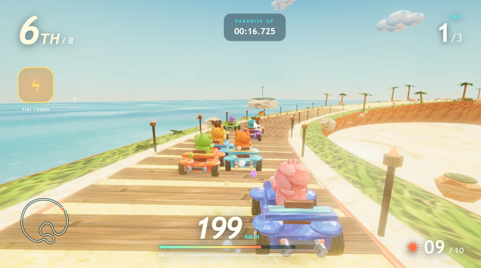 Racing game generated by GPT-6 Astra: PARADISE GP track at 199 km/h with eight karts and a TIKI TURBO boost
