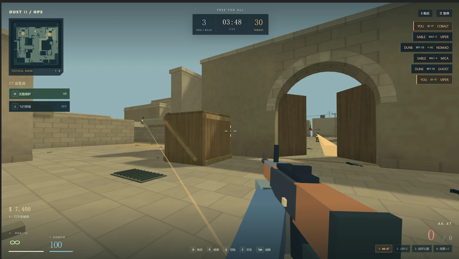 Desert map FPS shooter generated by GPT-6 Astra: DUST II OPS with tactical radar, AK-47 loadout and free-for-all scoring