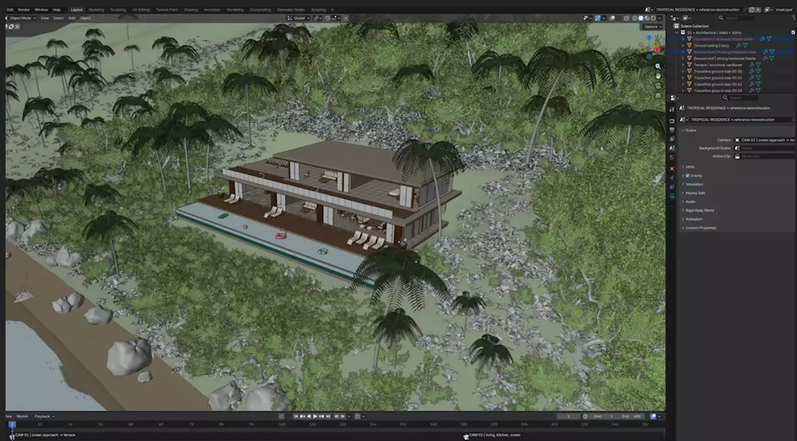 GPT-6 Astra building a tropical jungle luxury house model in Blender with layered scene structure