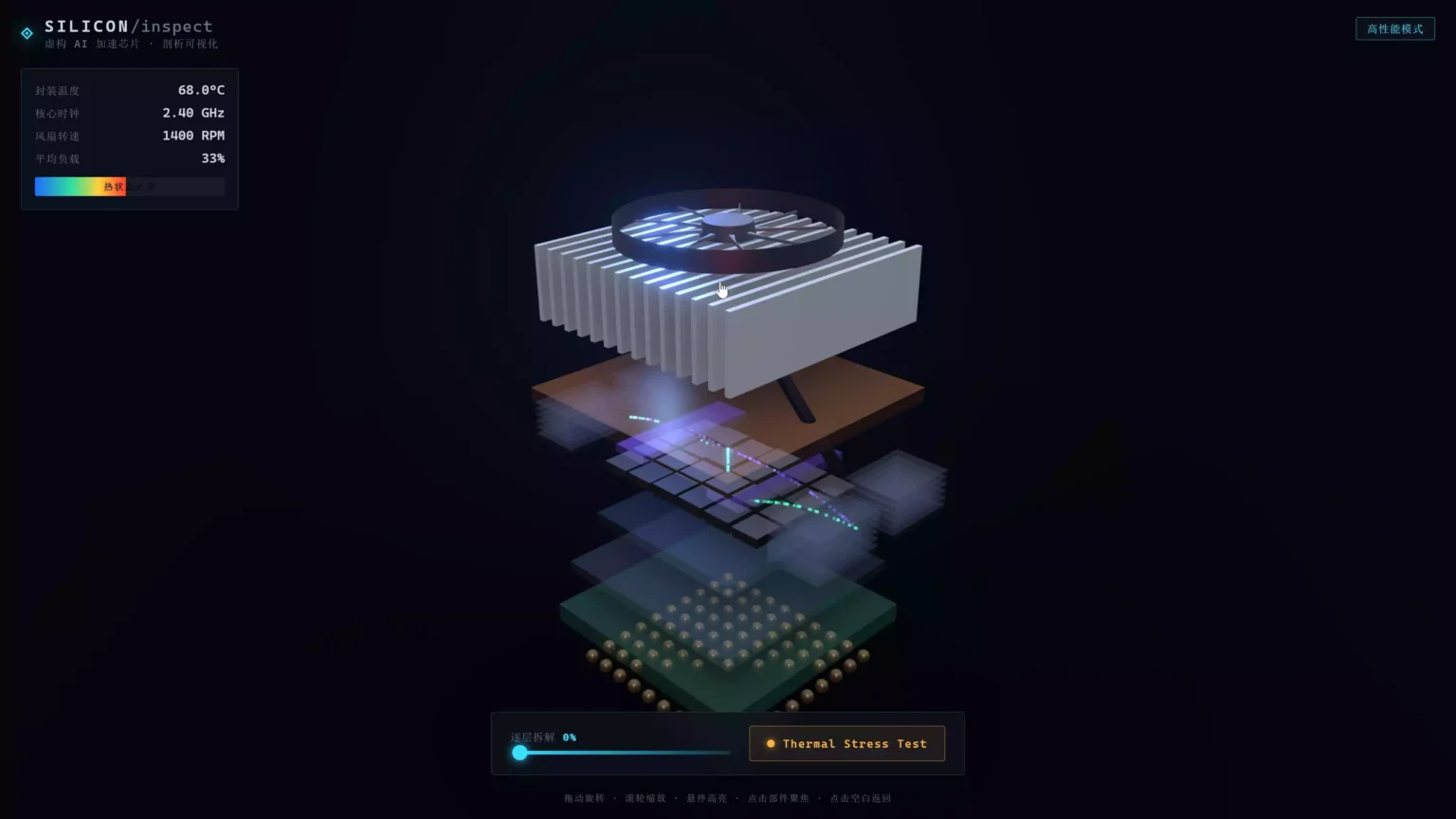 Qwen 3.8 AI chip 3D — exploded view showing BGA, compute dies, HBM stacks, and heatsink layers